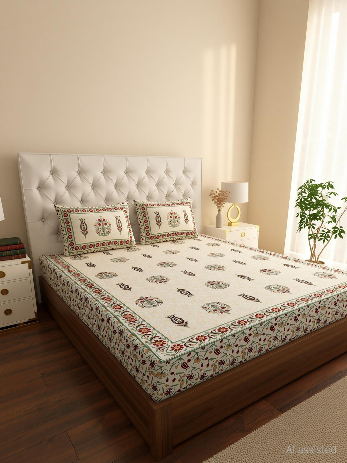 Image of COZYKO Cotton King Flat 200 TC Jaipuri Prints 1 Bedsheet with 2 Pillow Covers