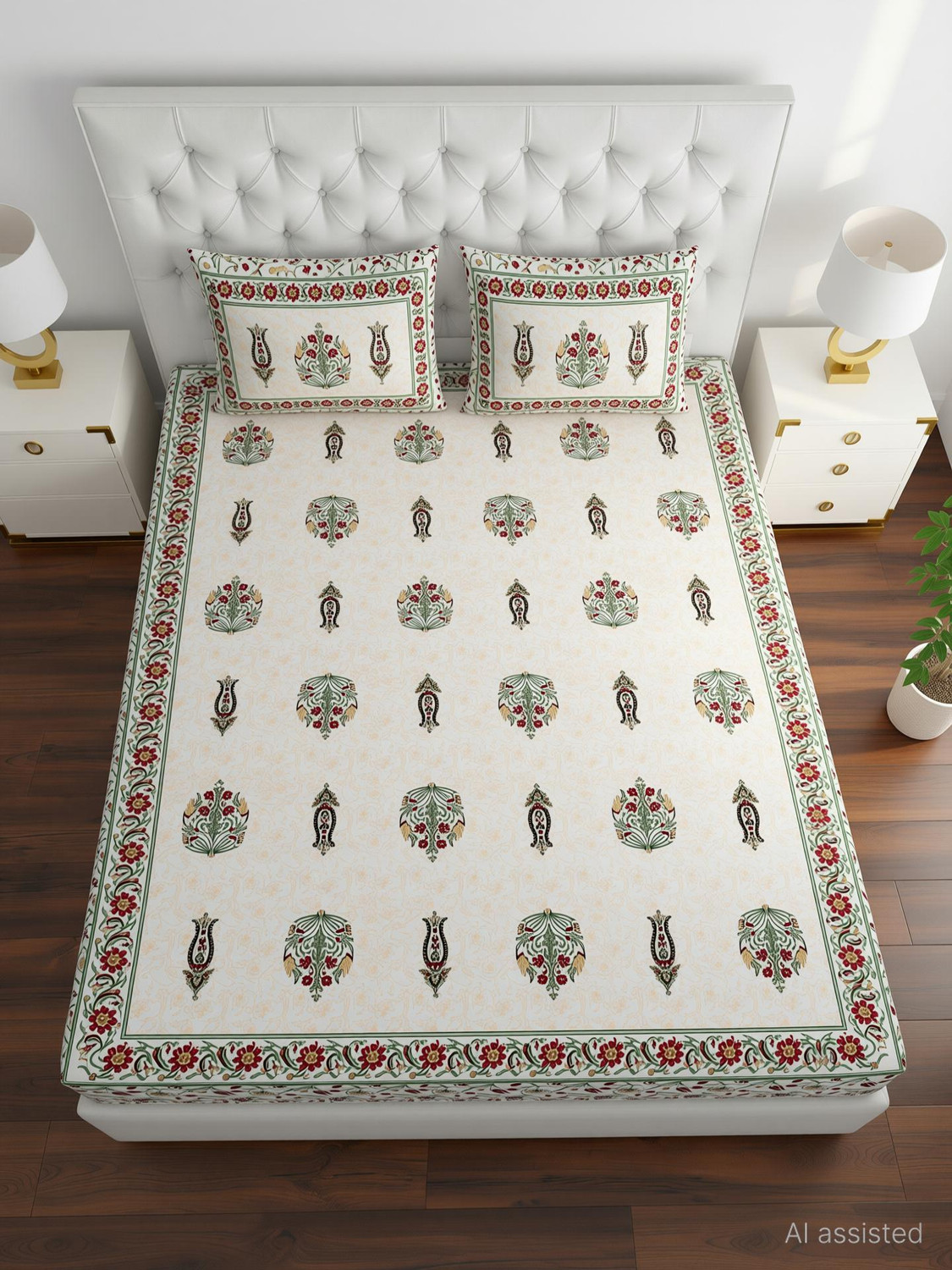 Image of COZYKO Cotton King Flat 200 TC Jaipuri Prints 1 Bedsheet with 2 Pillow Covers