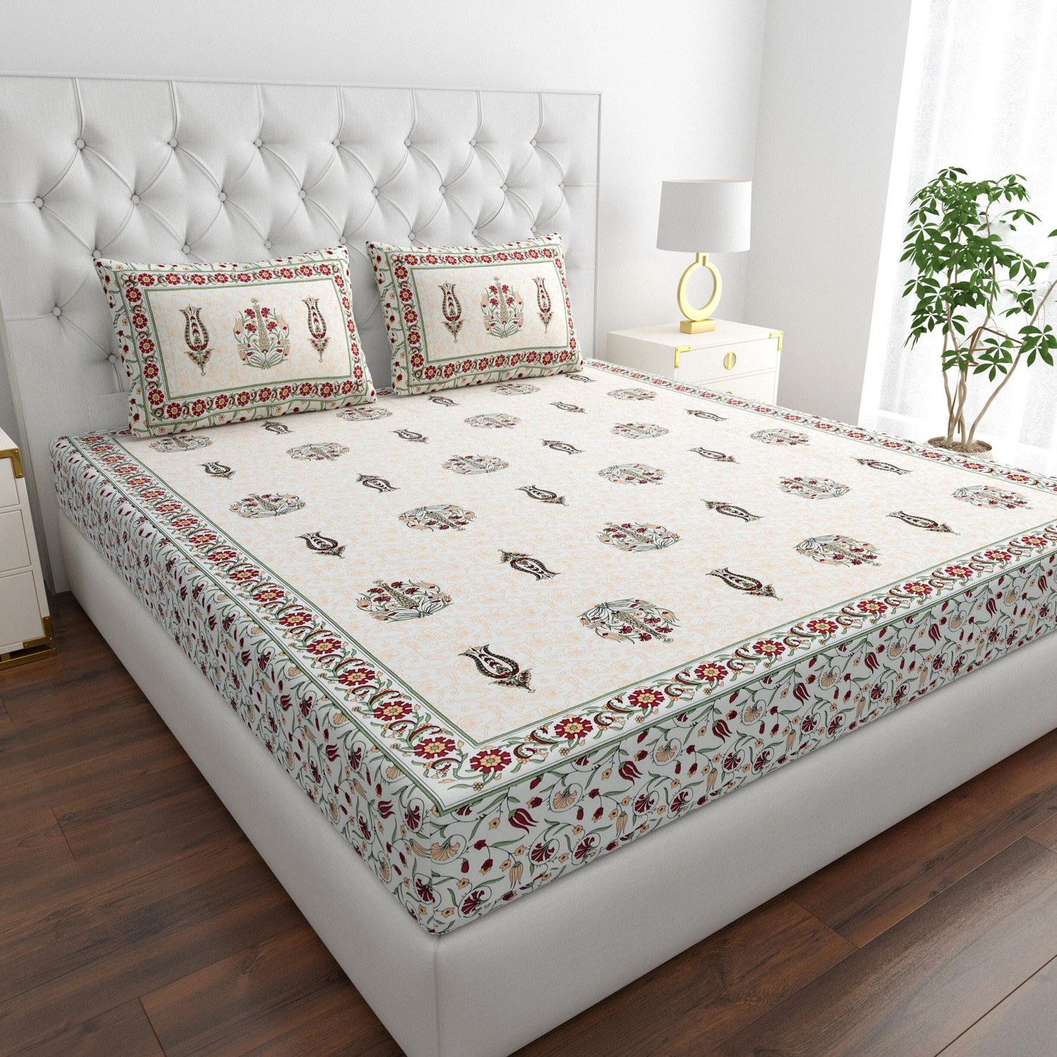 Image of COZYKO Cotton King Flat 200 TC Jaipuri Prints 1 Bedsheet with 2 Pillow Covers