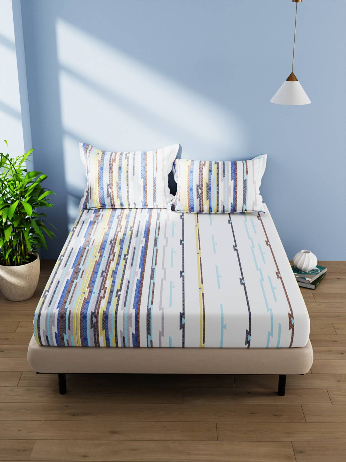Bianca Cotton Double Flat 144 TC Striped 1 Bedsheet with 2 Pillow Covers