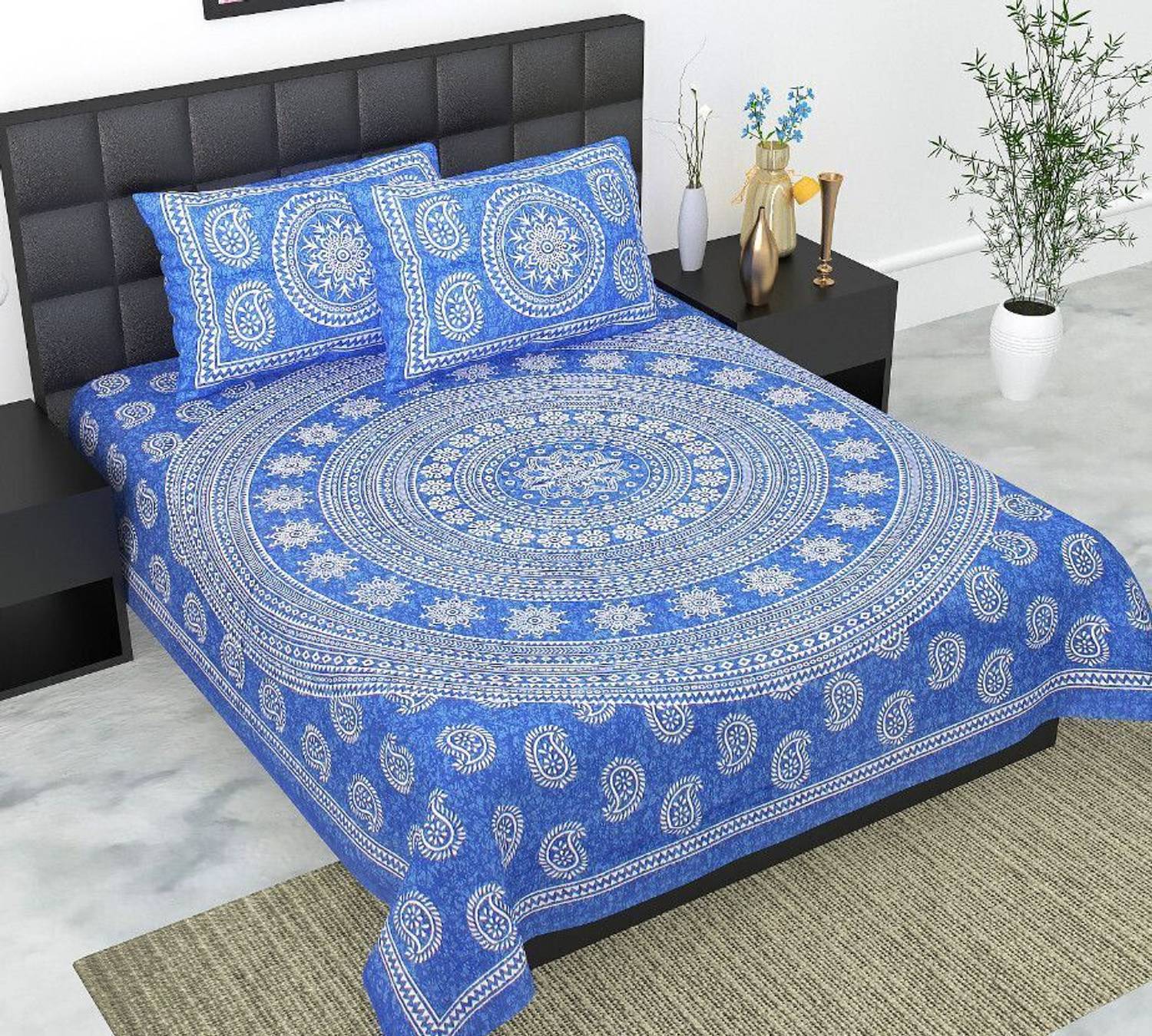 Poorak Cotton Double Flat 104 TC Jaipuri Prints 1 Bedsheet with 2
