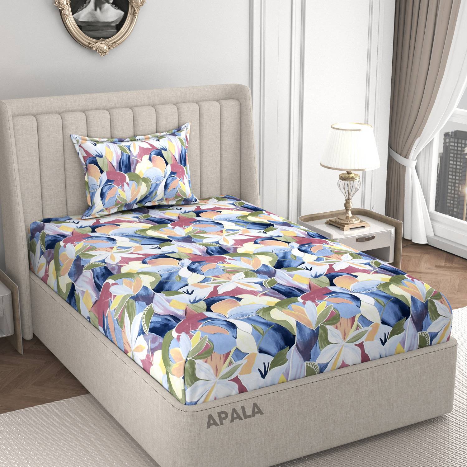 Apala Microfiber Single Flat 280 TC Printed 1 Bedsheet with 2 Pillow Covers
