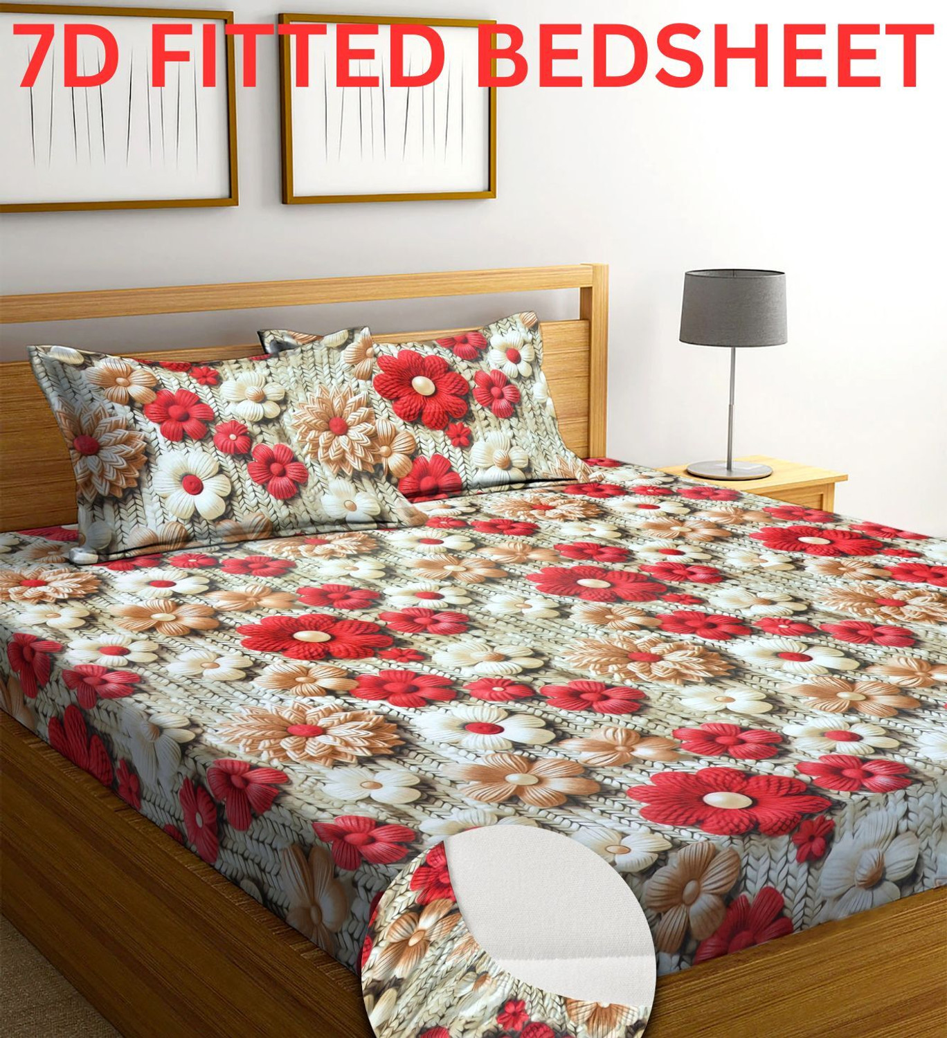 Image of Flipkart SmartBuy Cotton Blend Double Fitted (Elastic) 310 TC Floral 1 Bedsheet with 2 Pillow Covers