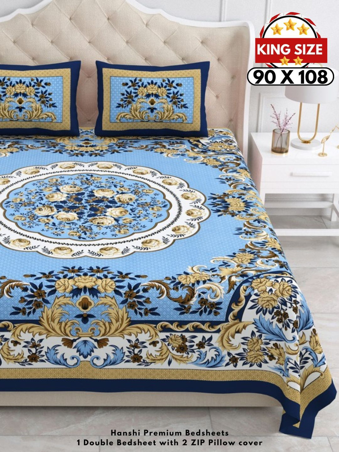 Image of HANSHI Cotton King Flat 260 TC Jaipuri Prints 1 Bedsheet with 2 Pillow Covers