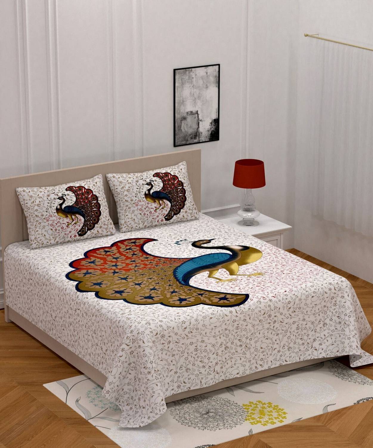 Poorak Cotton Double Flat 104 TC Jaipuri Prints 1 Bedsheet with 2