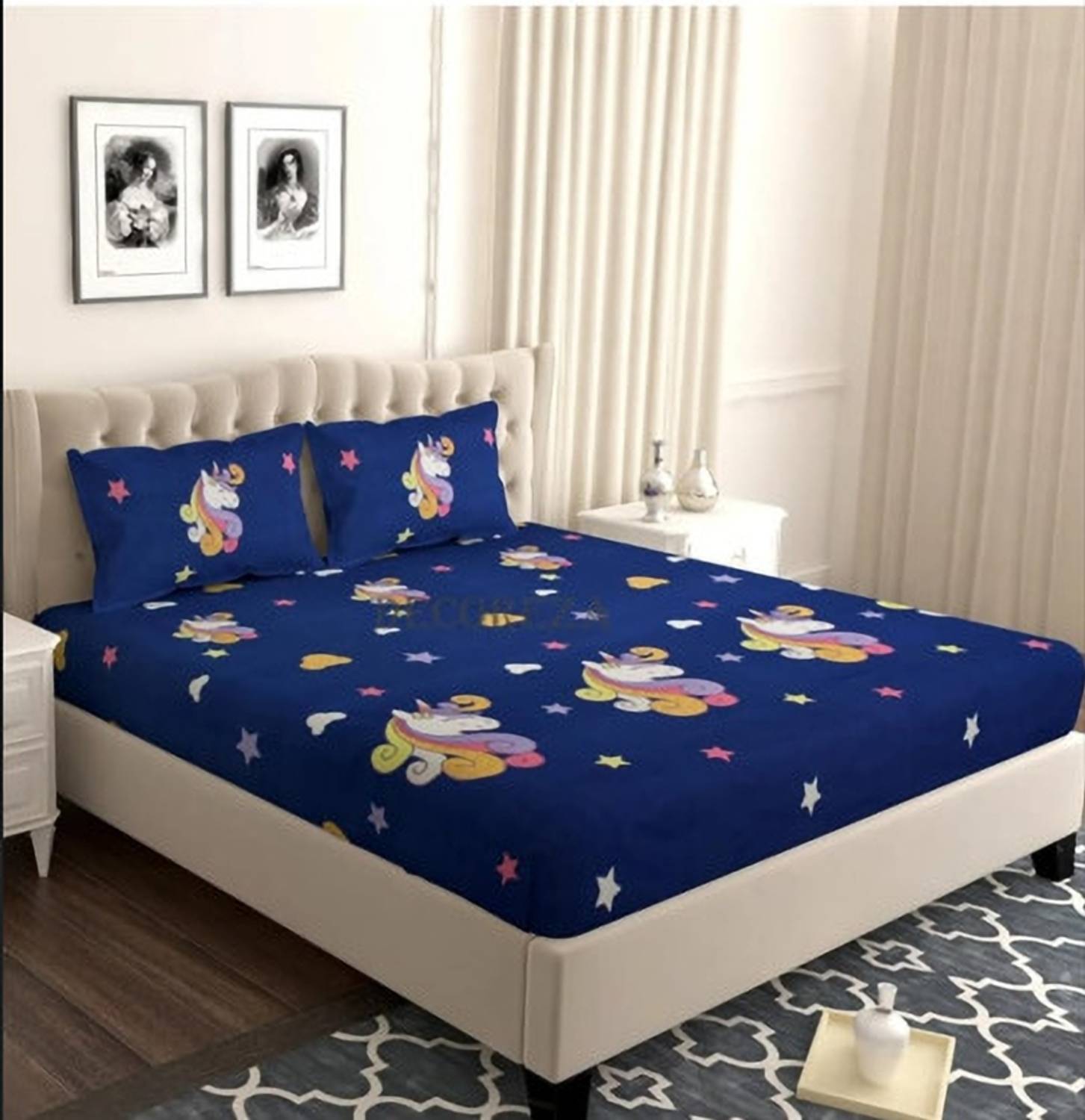 ARDM Cotton Double Fitted (Elastic) 240 TC Cartoon 1 Bedsheet with 2 Pillow Covers
