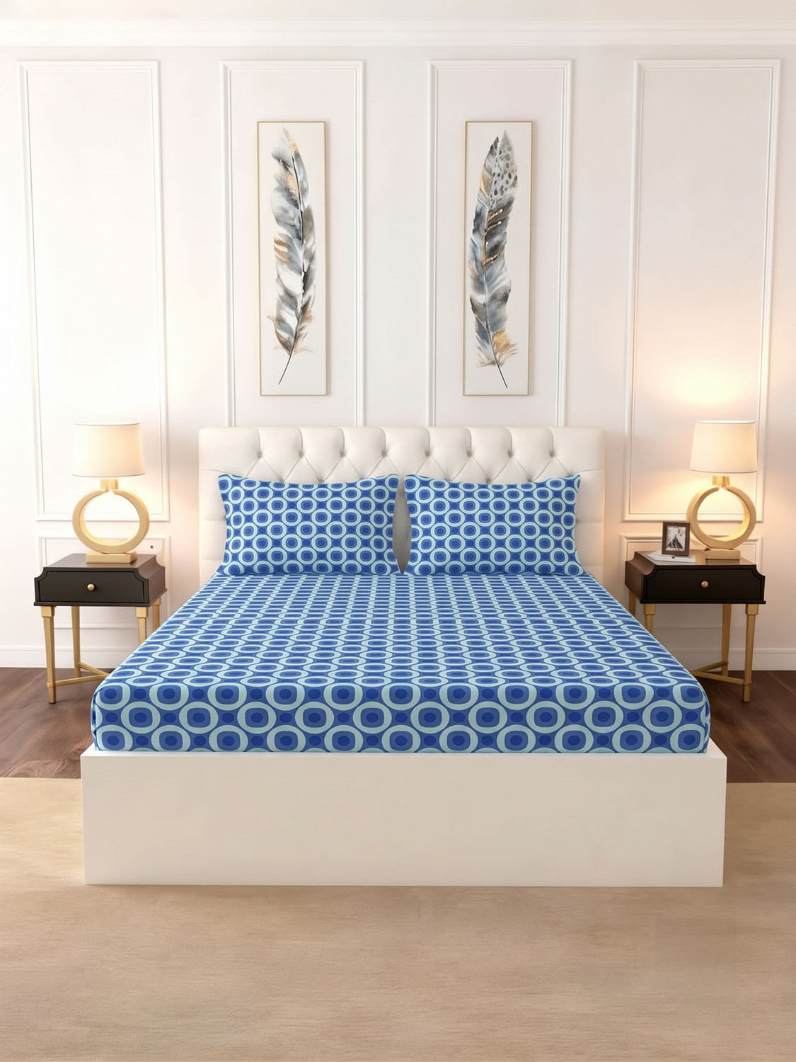 Image of Raymond Home Cotton Double Fitted (Elastic) 104 TC Printed 1 Bedsheet (Blue)