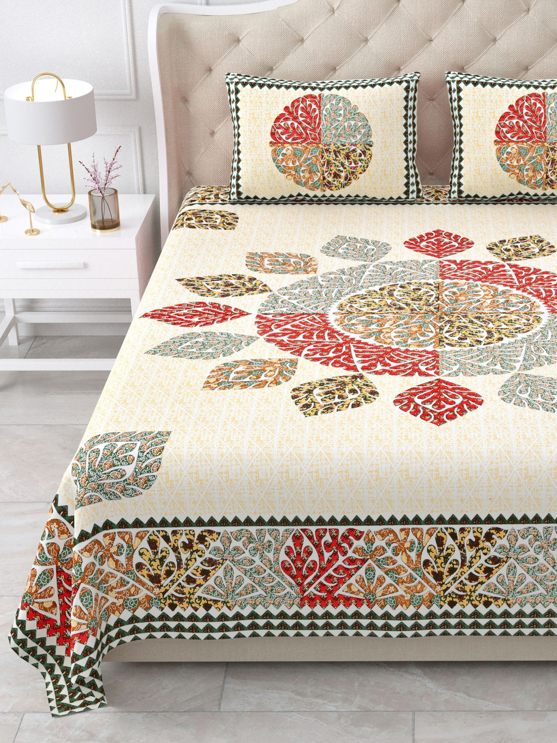 Jaipur Cotton Cotton King Flat 260 TC Printed 1 Bedsheet with 2 Pillow Covers