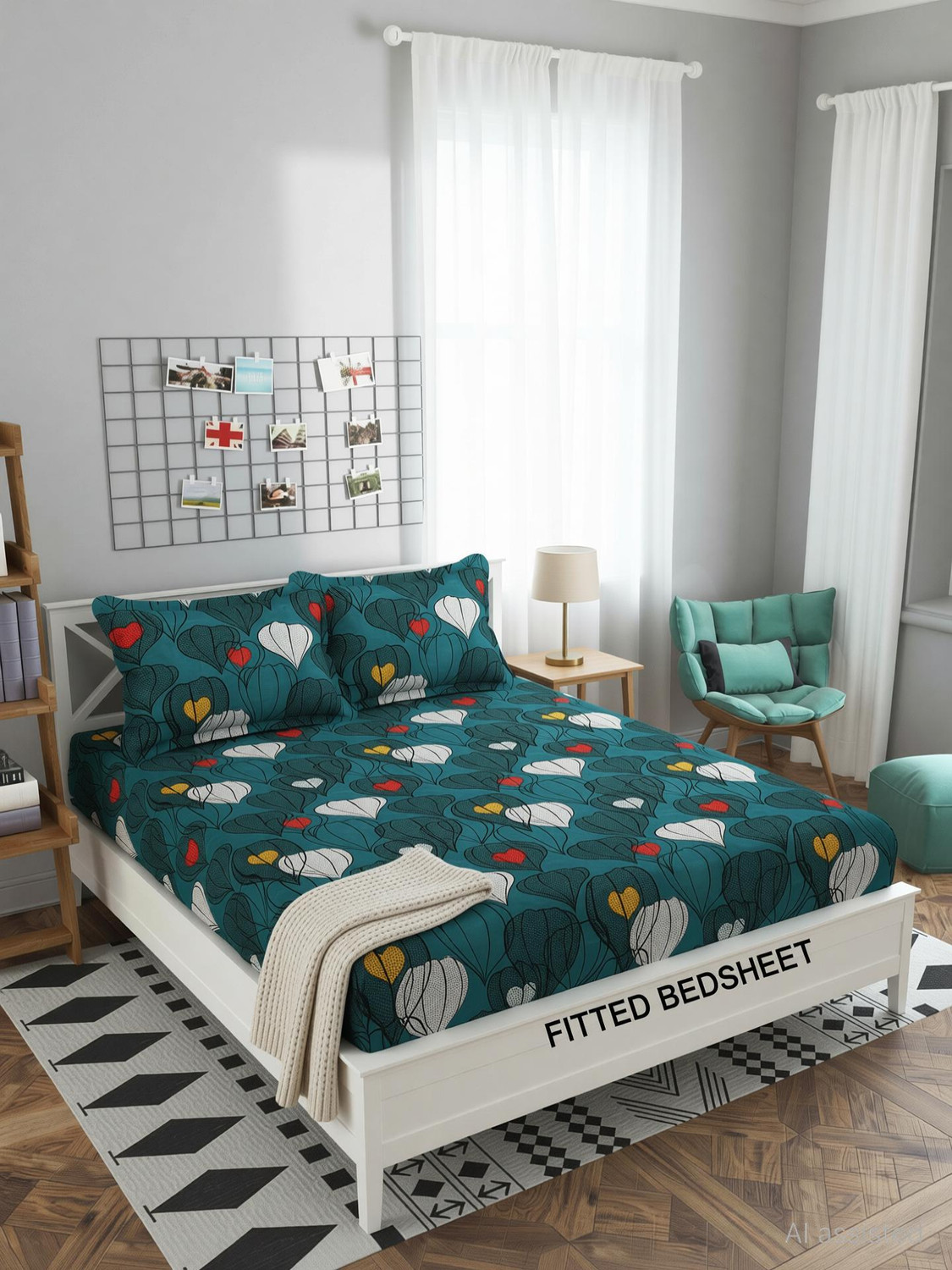 Image of Decent Home Cotton Double Fitted (Elastic) 240 TC Floral 1 Bedsheet with 2 Pillow Covers, 2 Cushion Covers