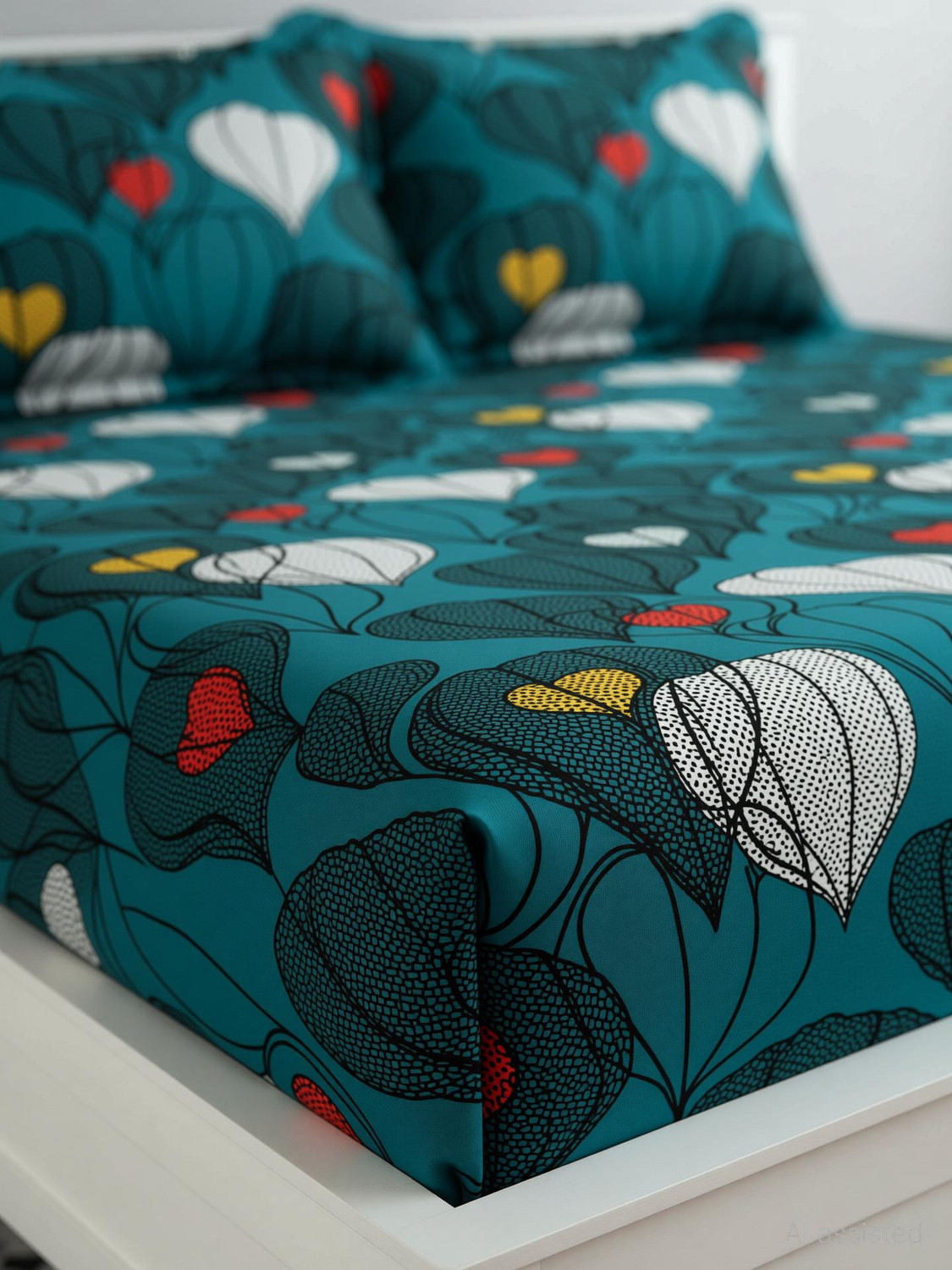 Image of Decent Home Cotton Double Fitted (Elastic) 240 TC Floral 1 Bedsheet with 2 Pillow Covers, 2 Cushion Covers