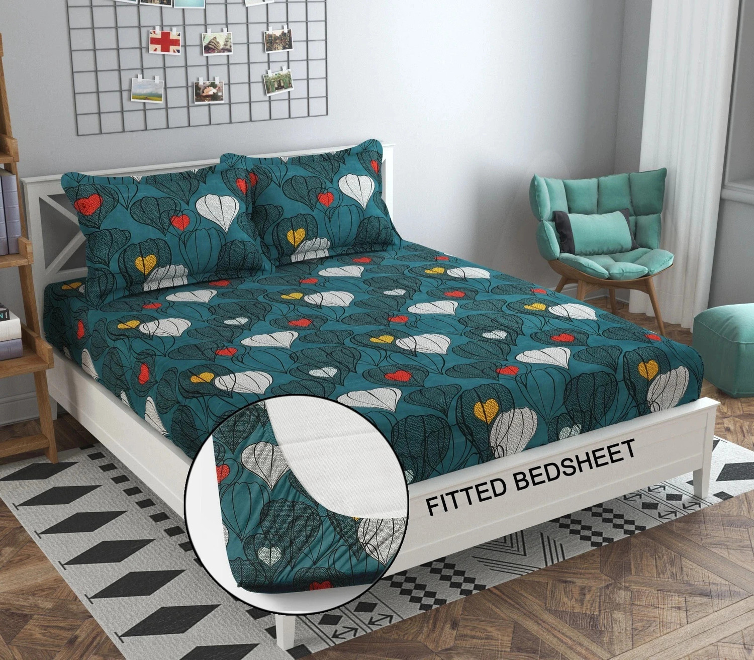 Image of Decent Home Cotton Double Fitted (Elastic) 240 TC Floral 1 Bedsheet with 2 Pillow Covers, 2 Cushion Covers