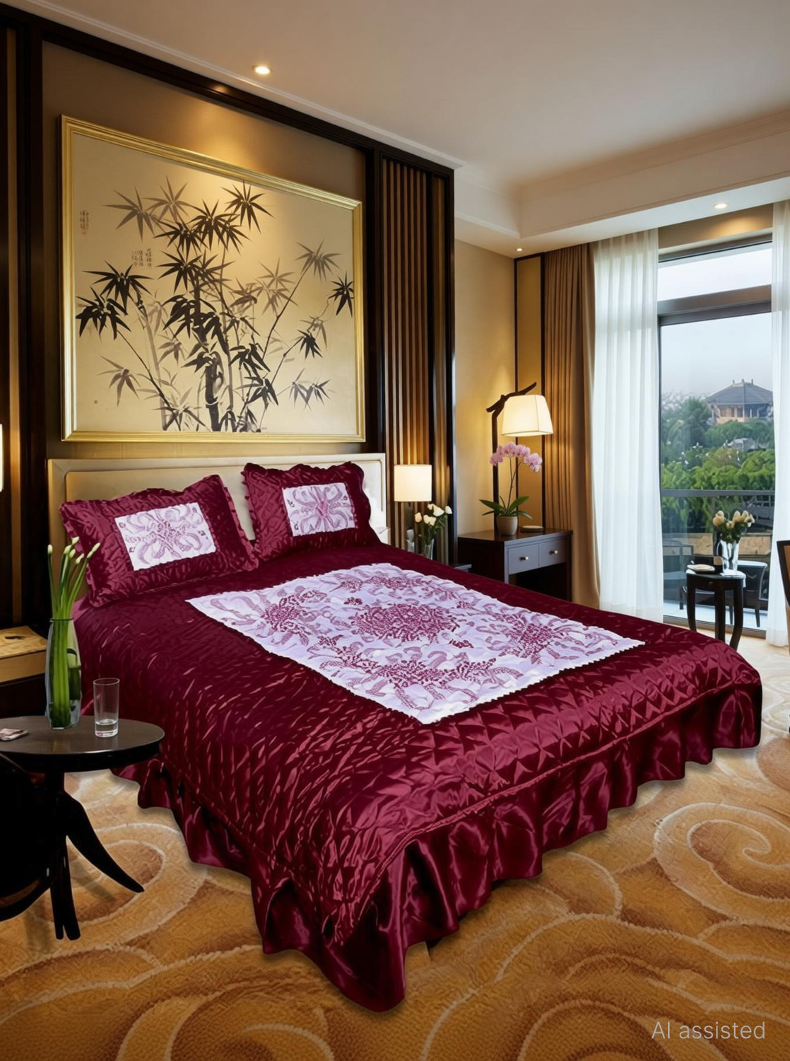 Image of PREPLE Satin Double Flat 310 TC Printed 1 Bedsheet with 2 Pillow Covers (Maroon, white)