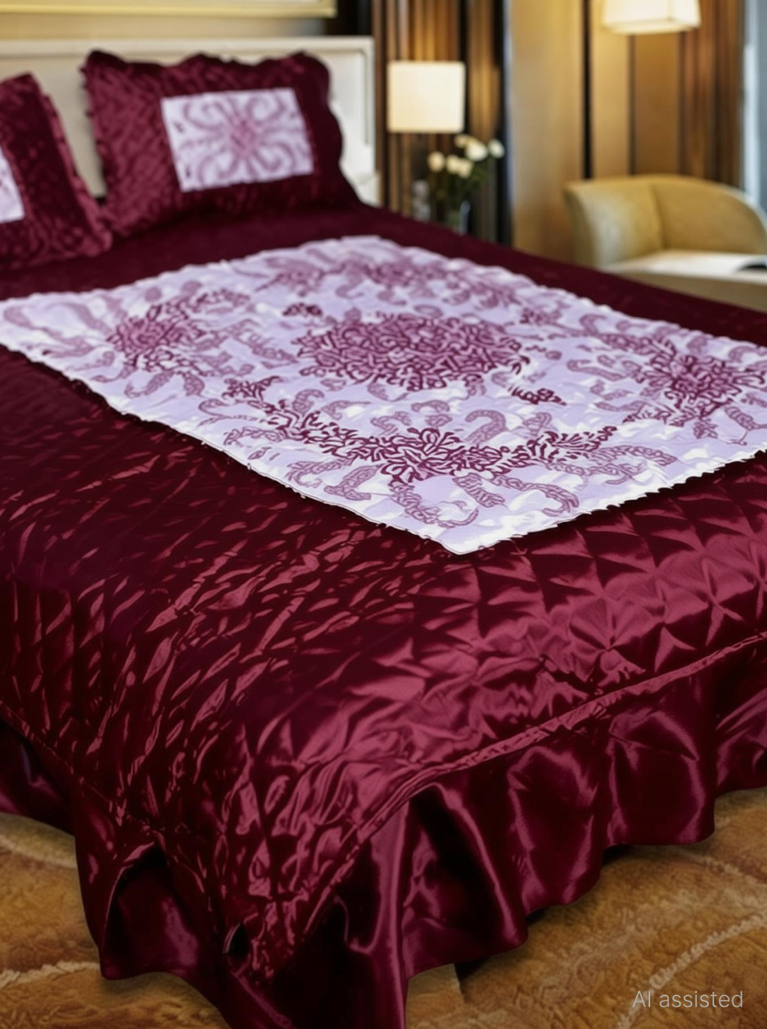 Image of PREPLE Satin Double Flat 310 TC Printed 1 Bedsheet with 2 Pillow Covers (Maroon, white)