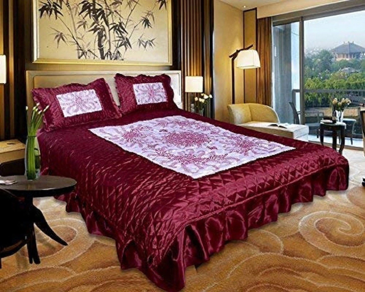 Image of PREPLE Satin Double Flat 310 TC Printed 1 Bedsheet with 2 Pillow Covers (Maroon, white)