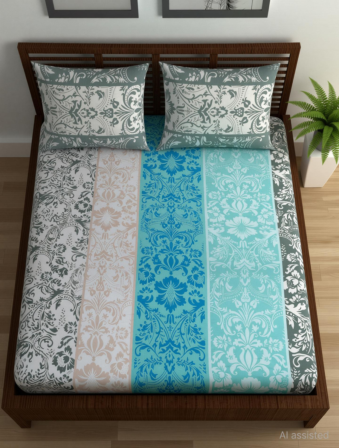 Image of Divine Casa Cotton Double Fitted (Elastic) 144 TC Floral 1 Bedsheet with 2 Pillow Covers