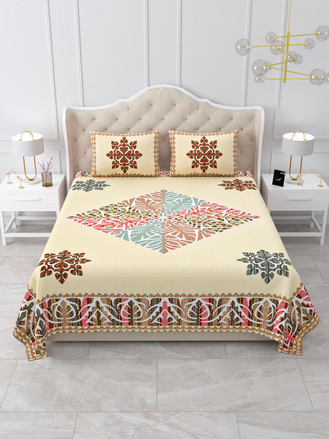 Image of SIZAR Cotton Double, King Flat 240 TC Printed 1 Bedsheet with 2 Pillow Covers