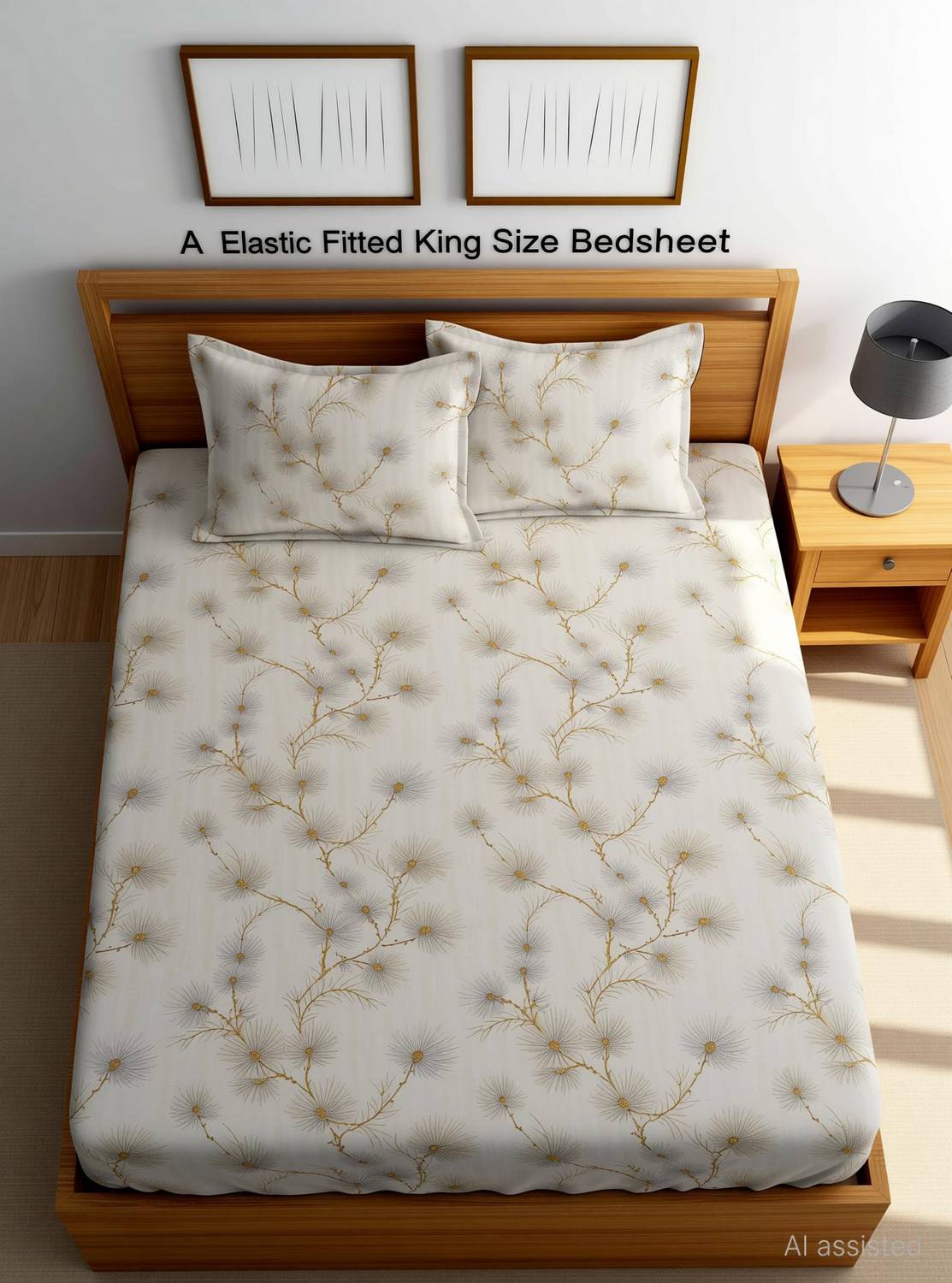 Amrange Cotton King Fitted (Elastic) 190 TC 3D Printed 1 Bedsheet with 2 Pillow Covers