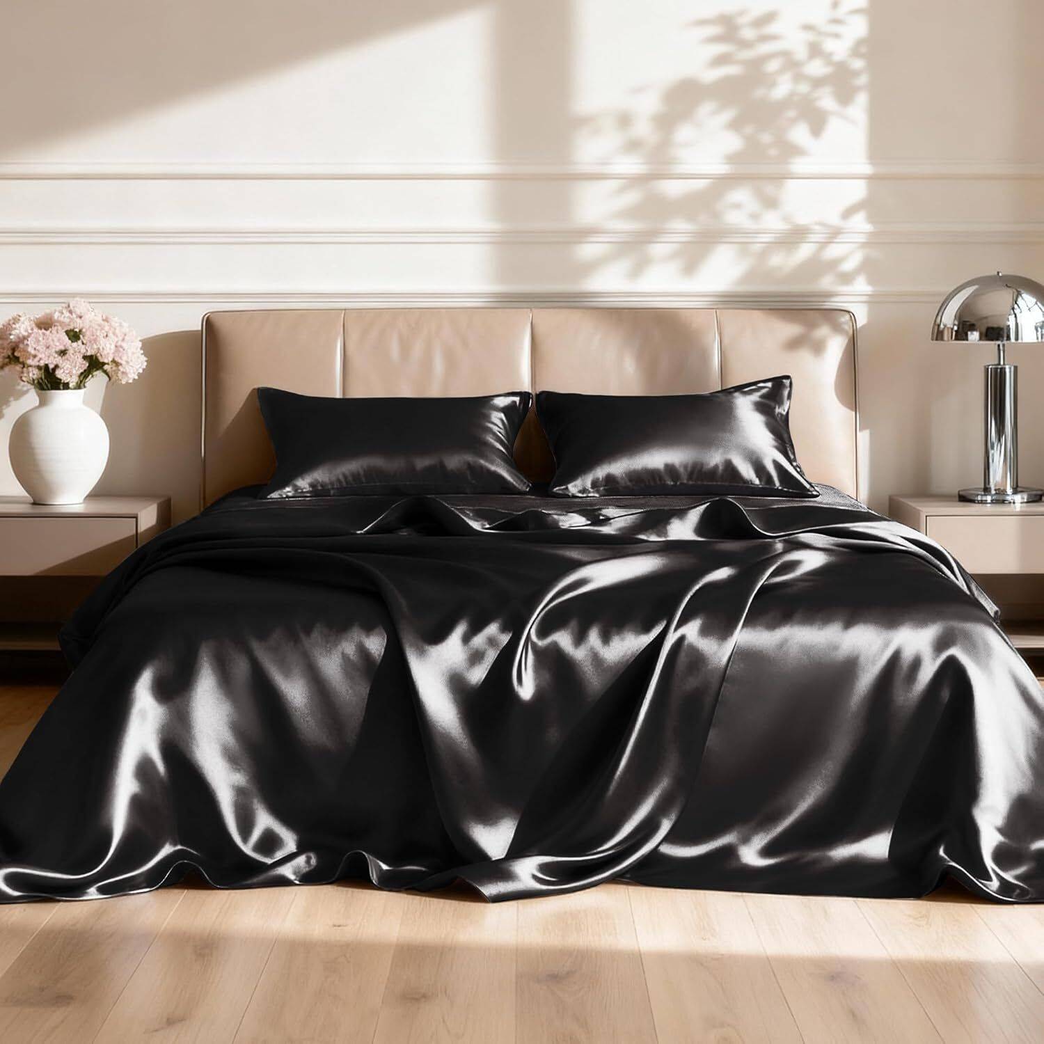 ALISHIBACASA Silk Double Flat 400 TC Solid 1 Bedsheet (Black)