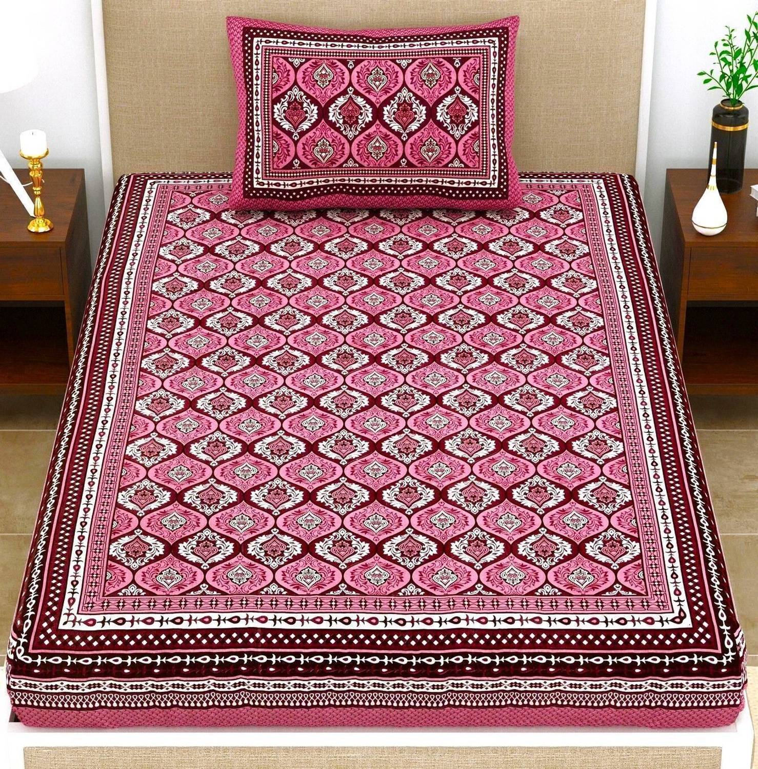 BharatLinen Cotton Single Flat 144 TC Jaipuri Prints 1 Summer Bedsheet