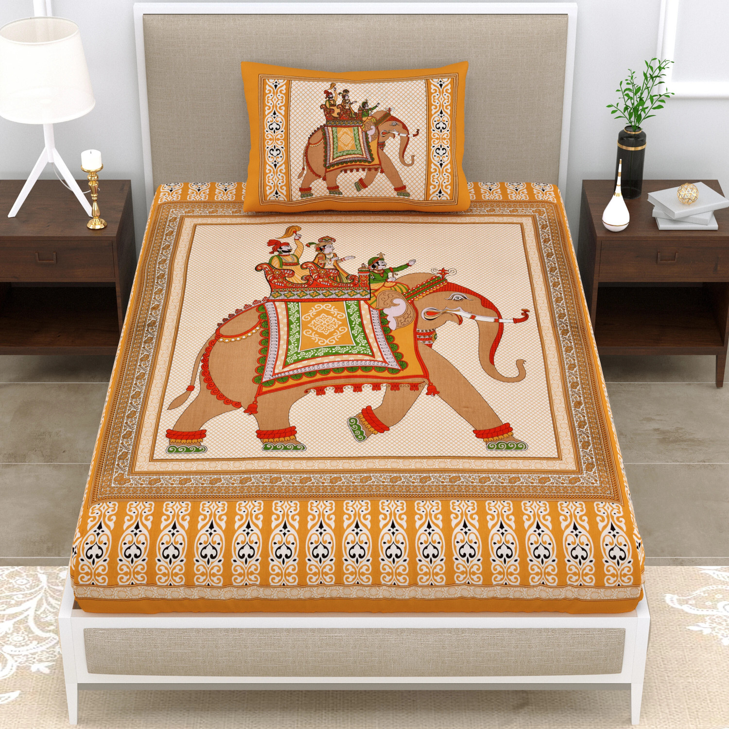 Image of Mandakini Cotton Single Flat 140 TC Jaipuri Prints 1 Bedsheet with 2 Pillow Covers