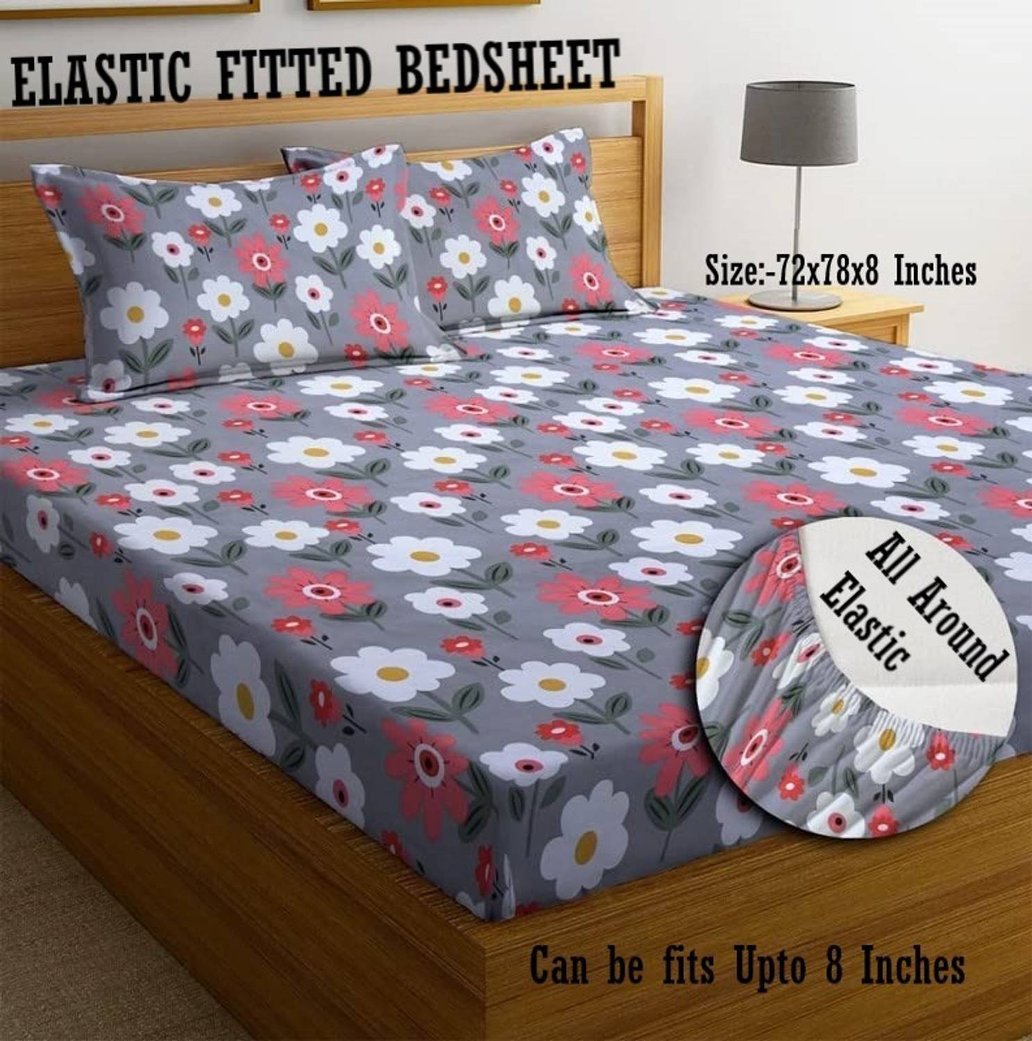 Amrange Microfiber Double Fitted (Elastic) 210 TC 3D Printed 1 Bedsheet with 2 Pillow Covers