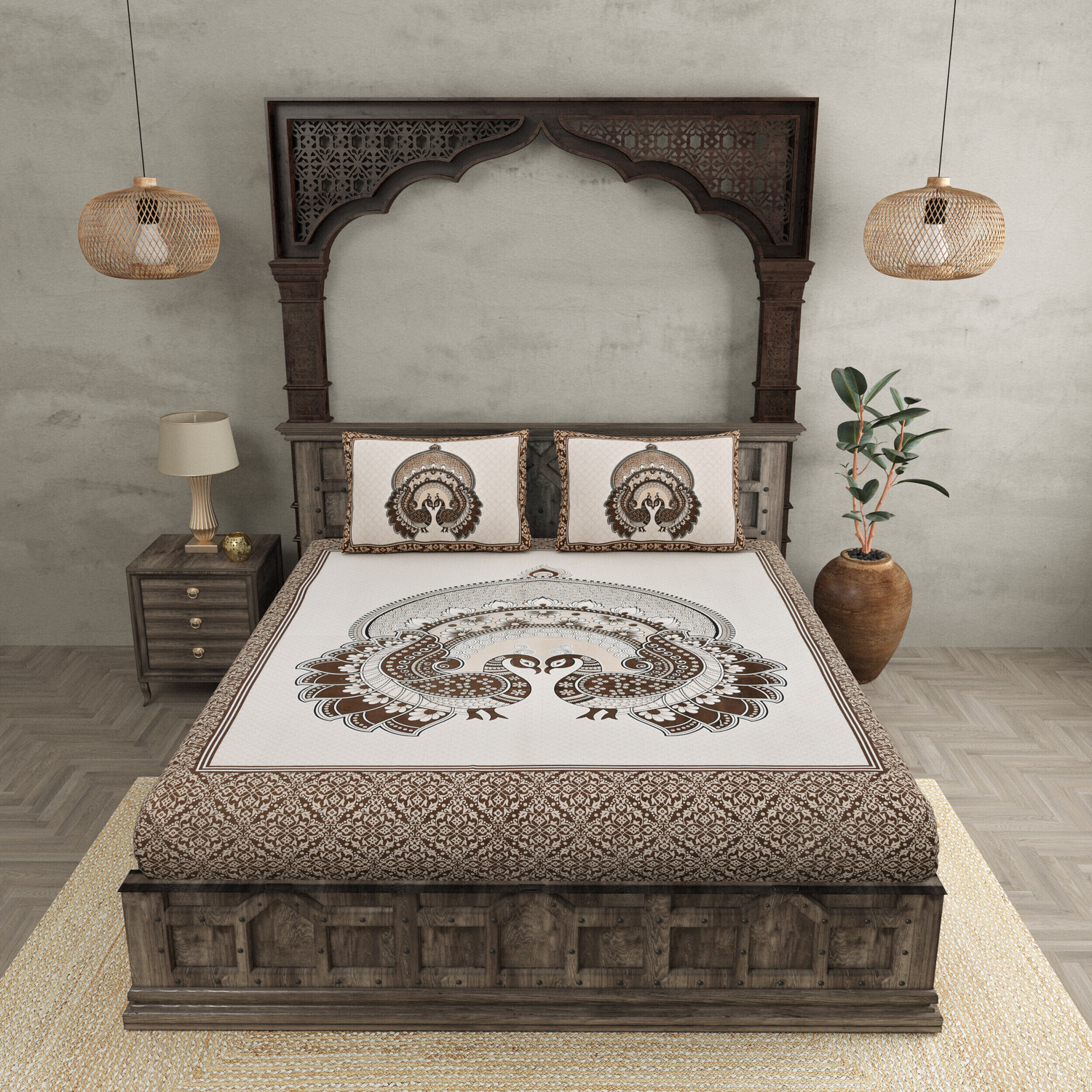 Image of JAIPUR FABRIC Cotton Double Flat 180 TC Printed 1 Bedsheet with 2 Pillow Covers
