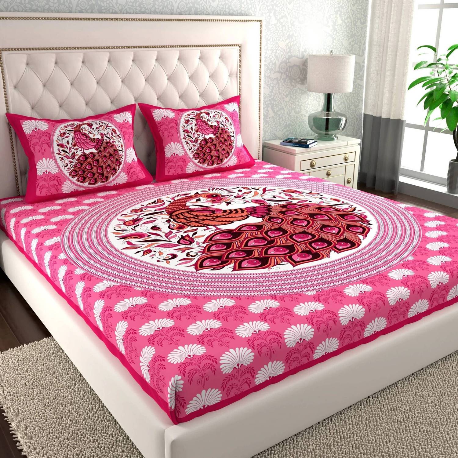 CLOTHOLOGY Cotton Double Flat 144 TC Jaipuri Prints 1 Bedsheet wi