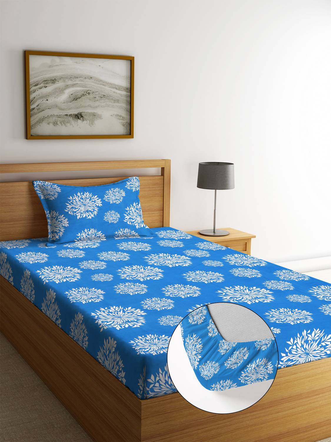 BeddingZone Cotton Single Fitted (Elastic) 300 TC Floral 1 Bedsheet with 2 Pillow Covers