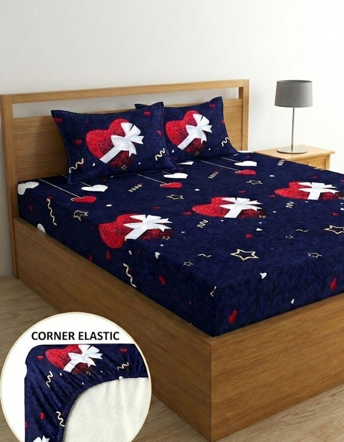Image of Fashion String Microfiber Double Fitted (Elastic) 144 TC Printed 1 Bedsheet with 2 Pillow Covers