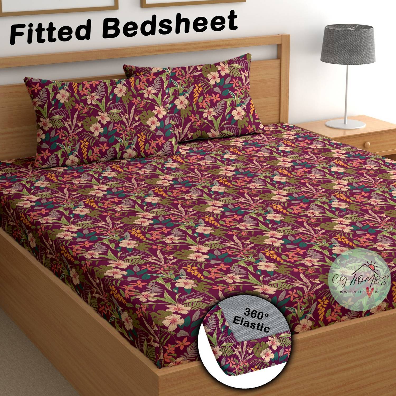 CG Homes Cotton Double Fitted (Elastic) 180 TC Printed 1 Bedsheet