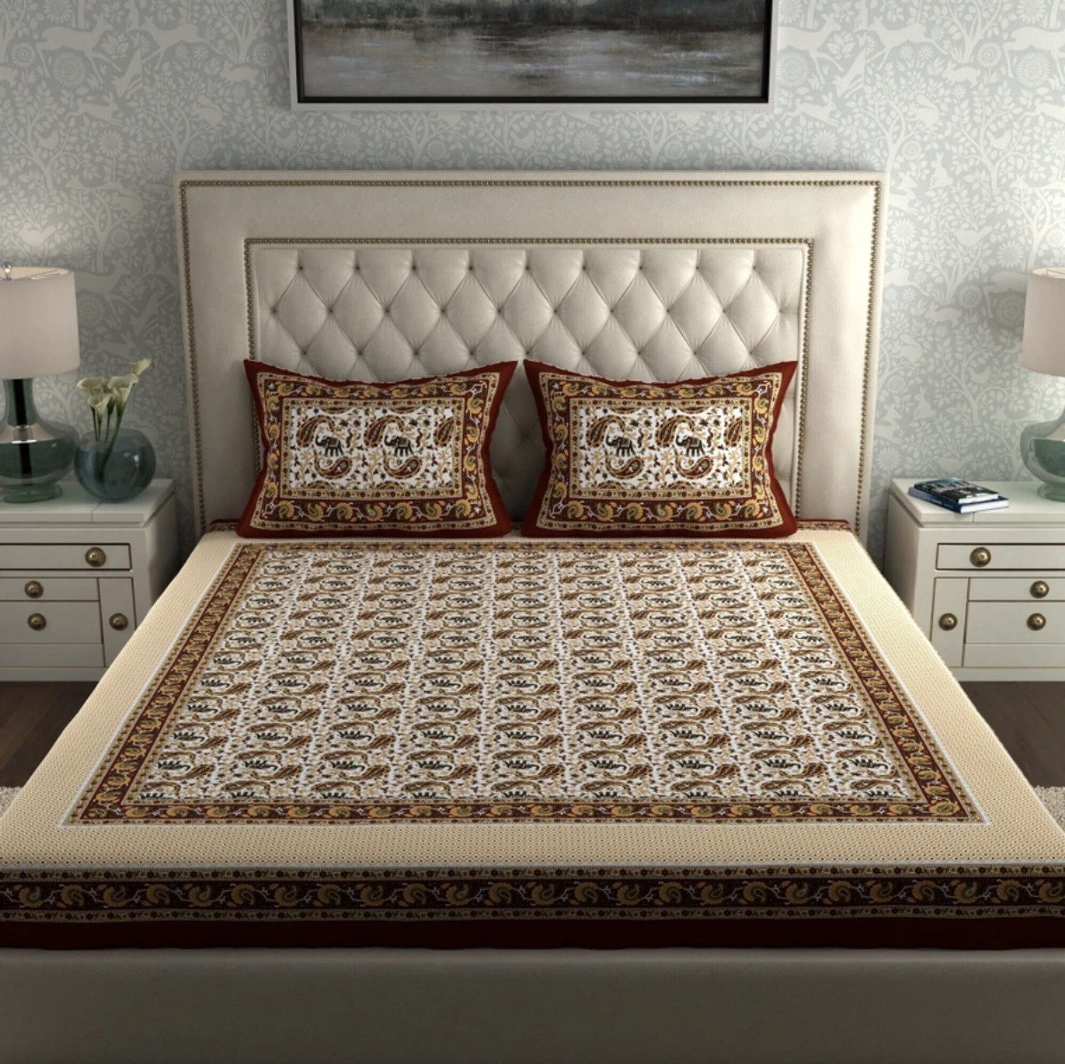 Image of Manshar Cotton Double Flat 144 TC Jaipuri Prints 1 Bedsheet with 2 Pillow Covers (Brown)