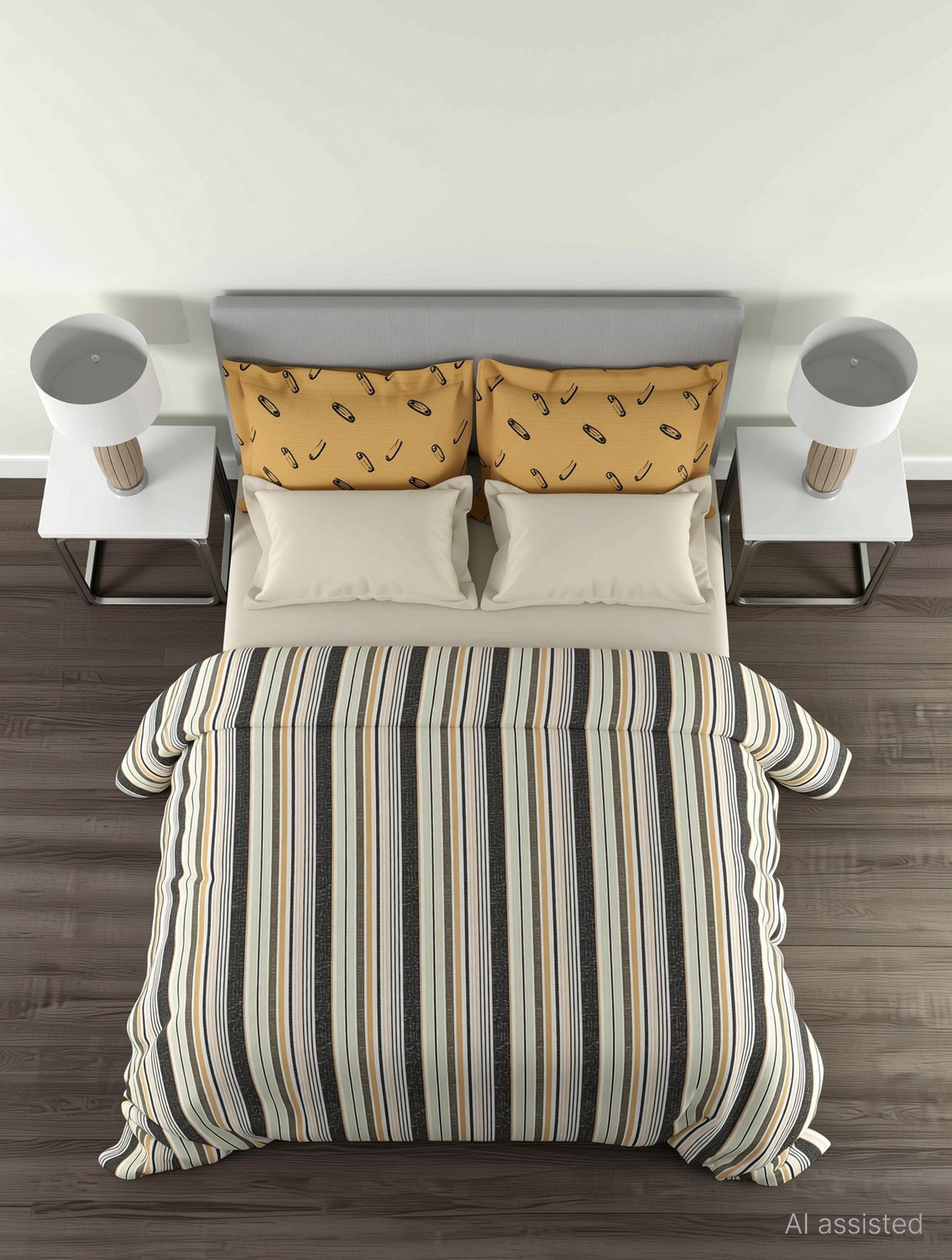 Image of MYTRIDENT Cotton Queen Flat 144 TC Geometric 1 Bedsheet with 2 Pillow Covers