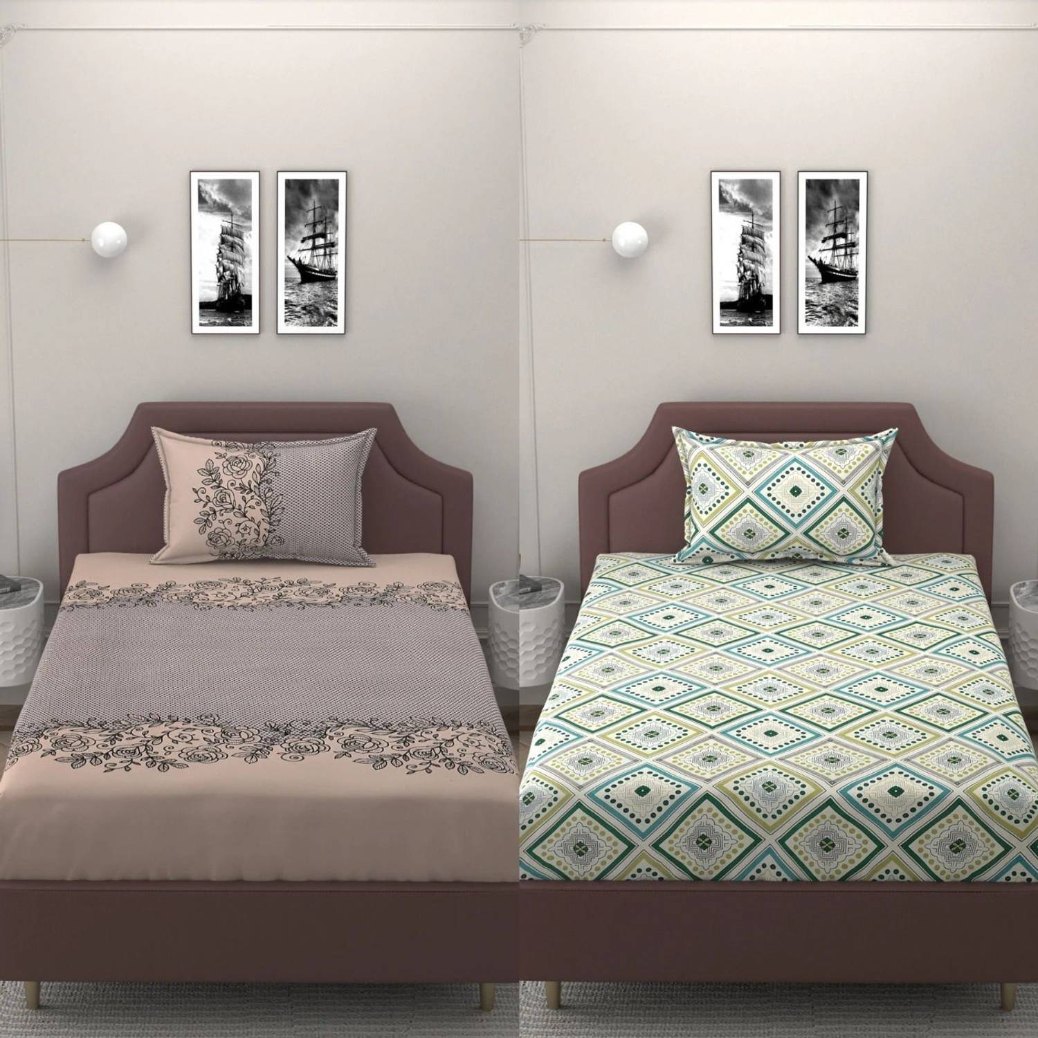 BELVOSTUM Cotton Single Flat 144 TC Floral 2 Bedsheets with 4 Pil