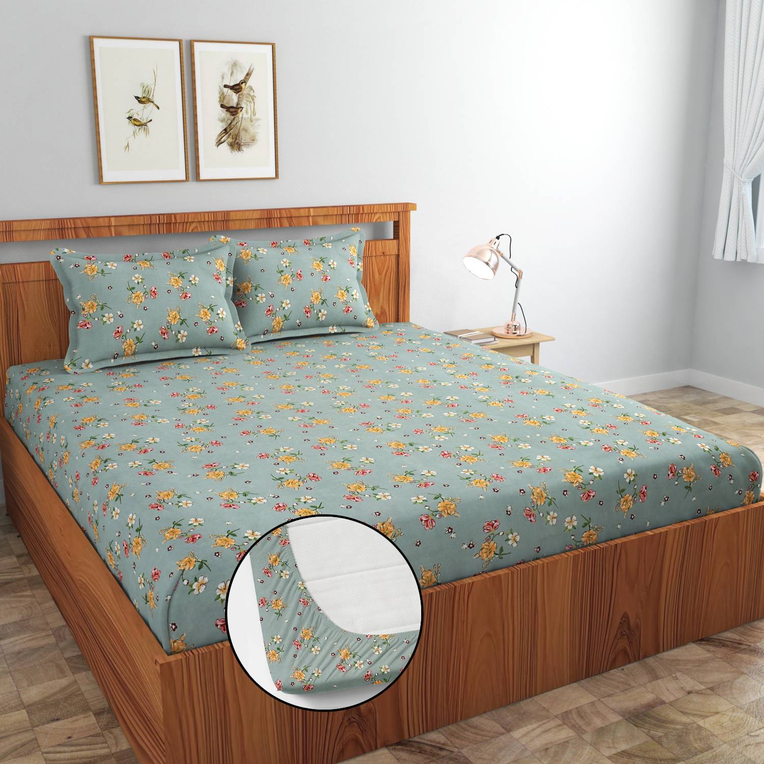 AMEYAA Cotton Double Fitted (Elastic) 320 TC Printed 1 Summer Bed