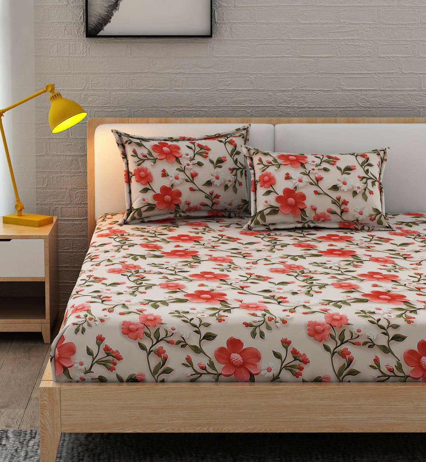AMBERBLISH HOMES Microfiber King Flat 250 TC Printed 1 Summer Bedsheet with 2 Pillow Covers