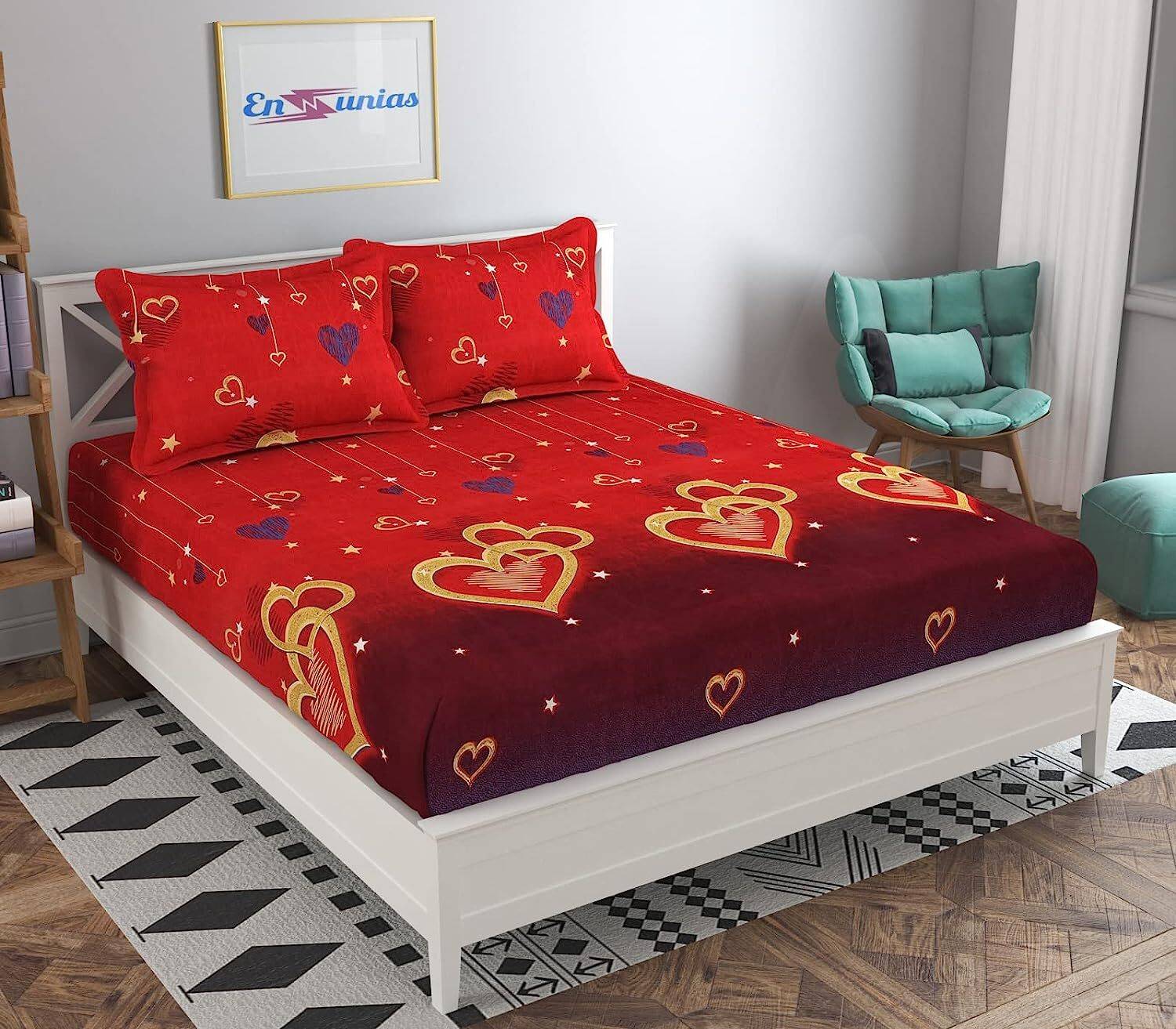 Anticca Cotton Double Fitted (Elastic) 220 TC Printed 1 Bedsheet with 2 Pillow Covers