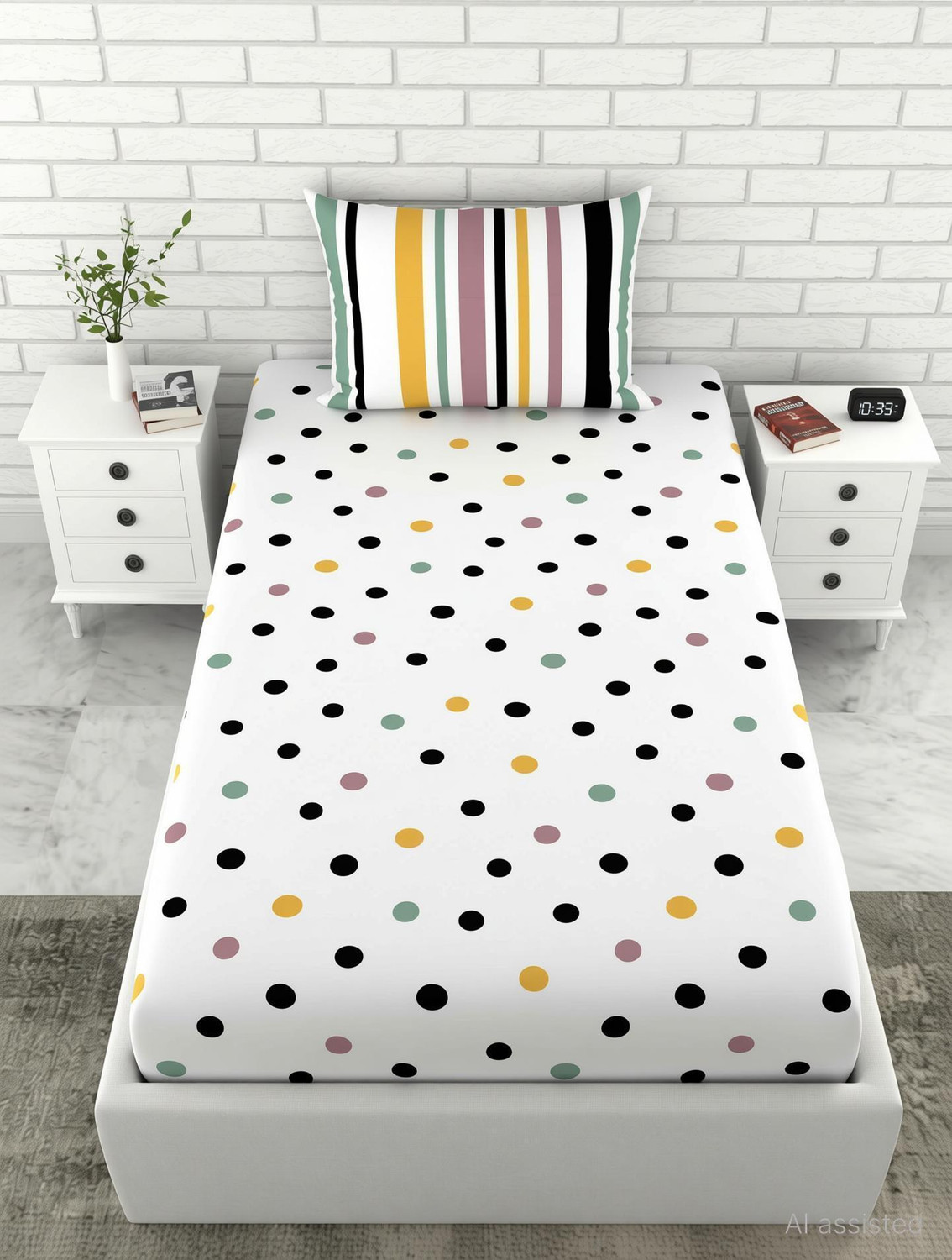 Image of LORETO Cotton Single Flat 144 TC Polka 1 Bedsheet with 2 Pillow Covers