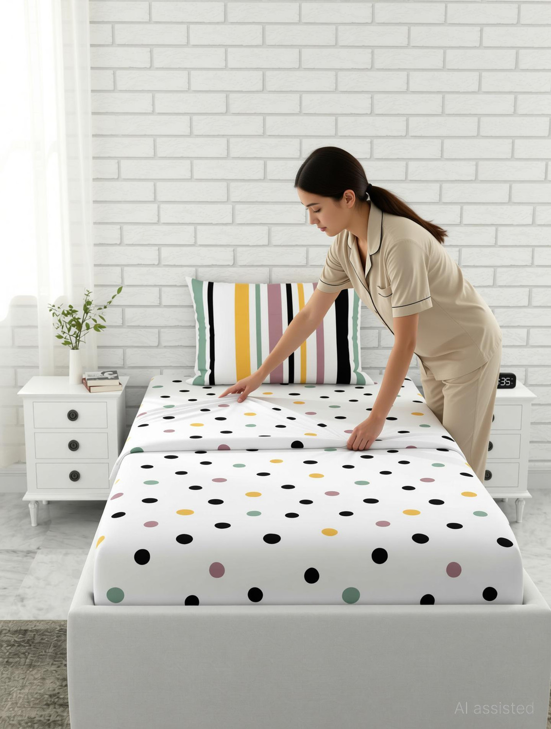 Image of LORETO Cotton Single Flat 144 TC Polka 1 Bedsheet with 2 Pillow Covers