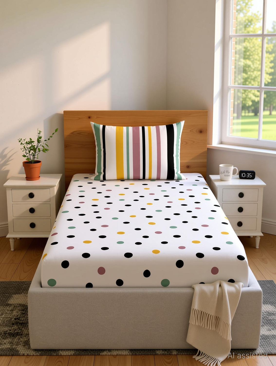 Image of LORETO Cotton Single Flat 144 TC Polka 1 Bedsheet with 2 Pillow Covers