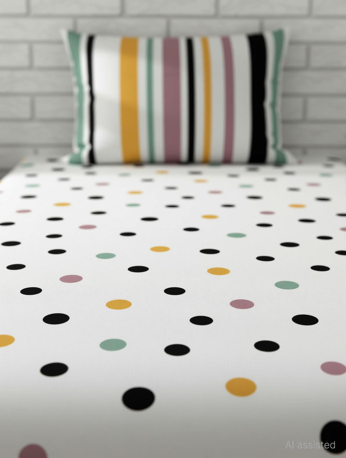 Image of LORETO Cotton Single Flat 144 TC Polka 1 Bedsheet with 2 Pillow Covers