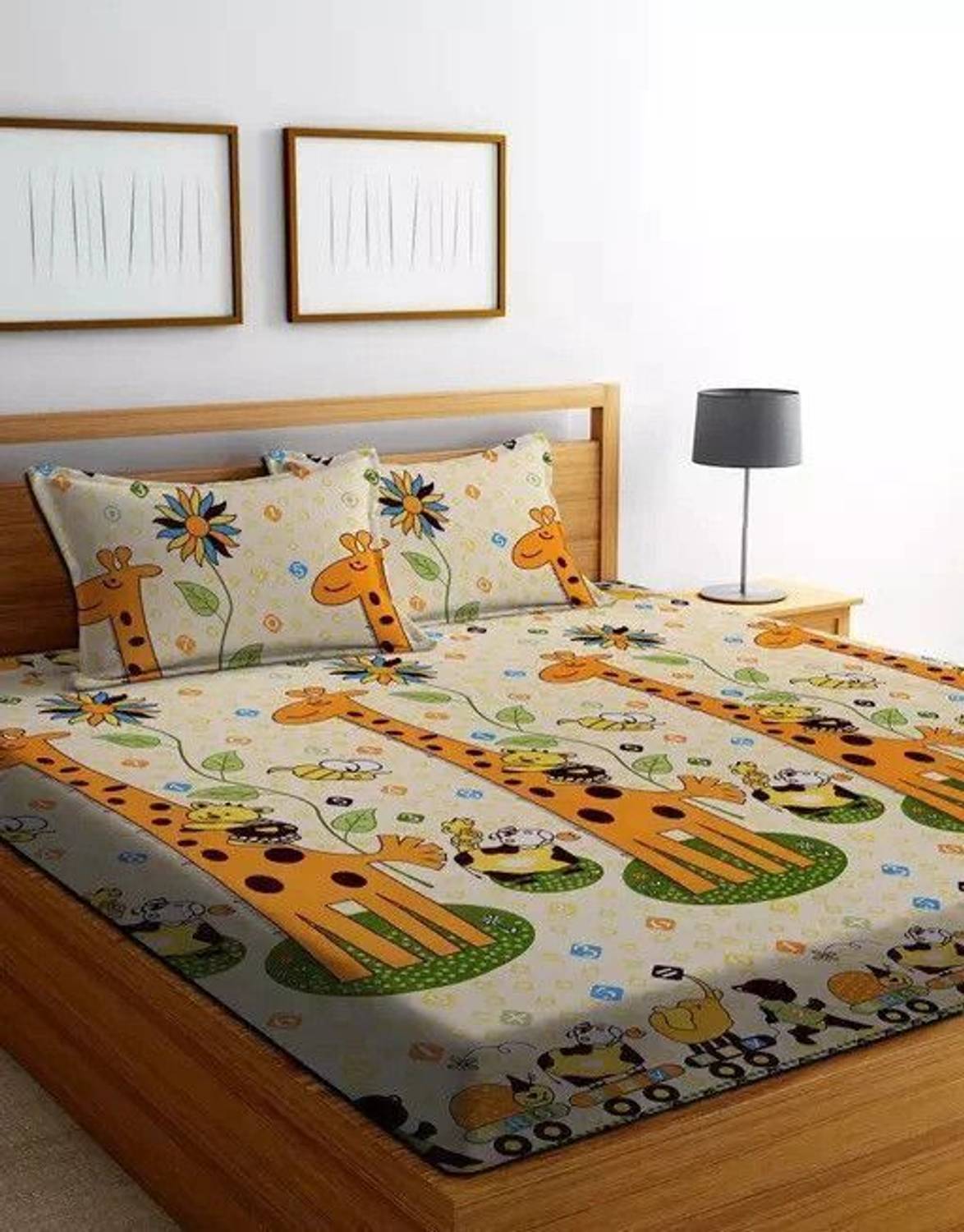 adhb Cotton Double Fitted (Elastic) 170 TC Animal 1 Bedsheet with 2 Pillow Covers