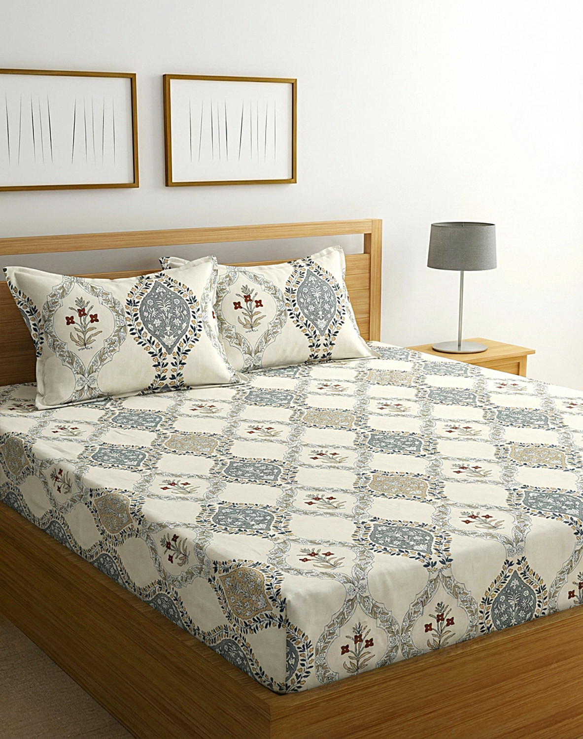 Image of Flipkart SmartBuy Cotton Double Fitted (Elastic) 244 TC Printed 1 Bedsheet with 2 Pillow Covers
