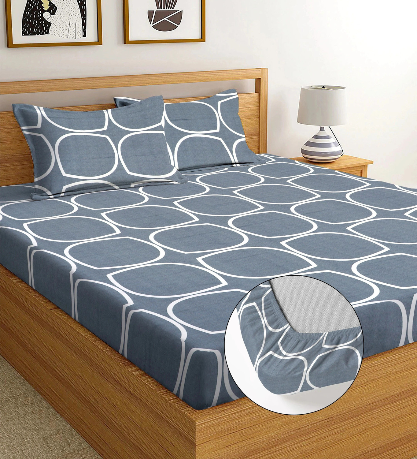Image of BLUEDOT Cotton Double Fitted (Elastic) 254 TC Printed 1 Bedsheet with 2 Pillow Covers