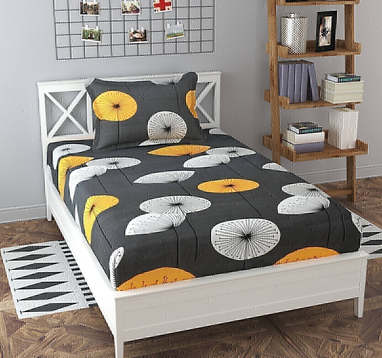 AMORET Polycotton Single Flat 240 TC Printed 1 Bedsheet with 2 Pillow Covers