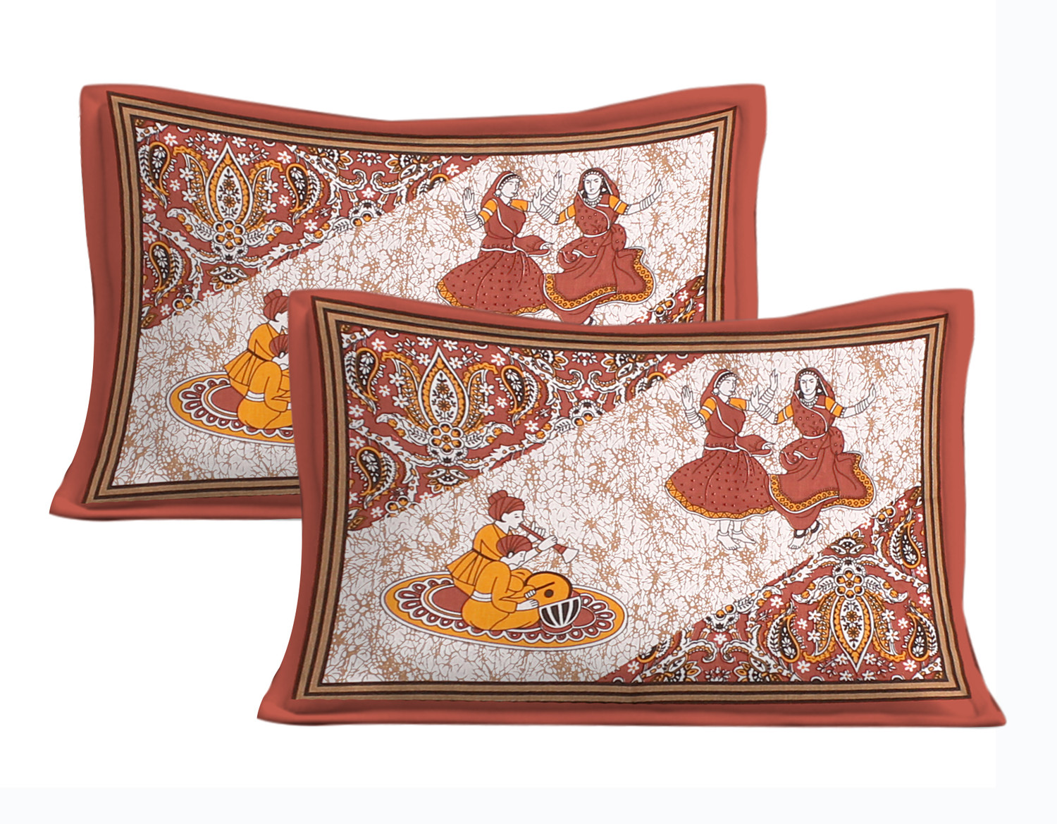 Image of JAIPUR PRINTS Cotton Double Flat 144 TC Jaipuri Prints 1 Bedsheet with 2 Pillow Covers (Brown)