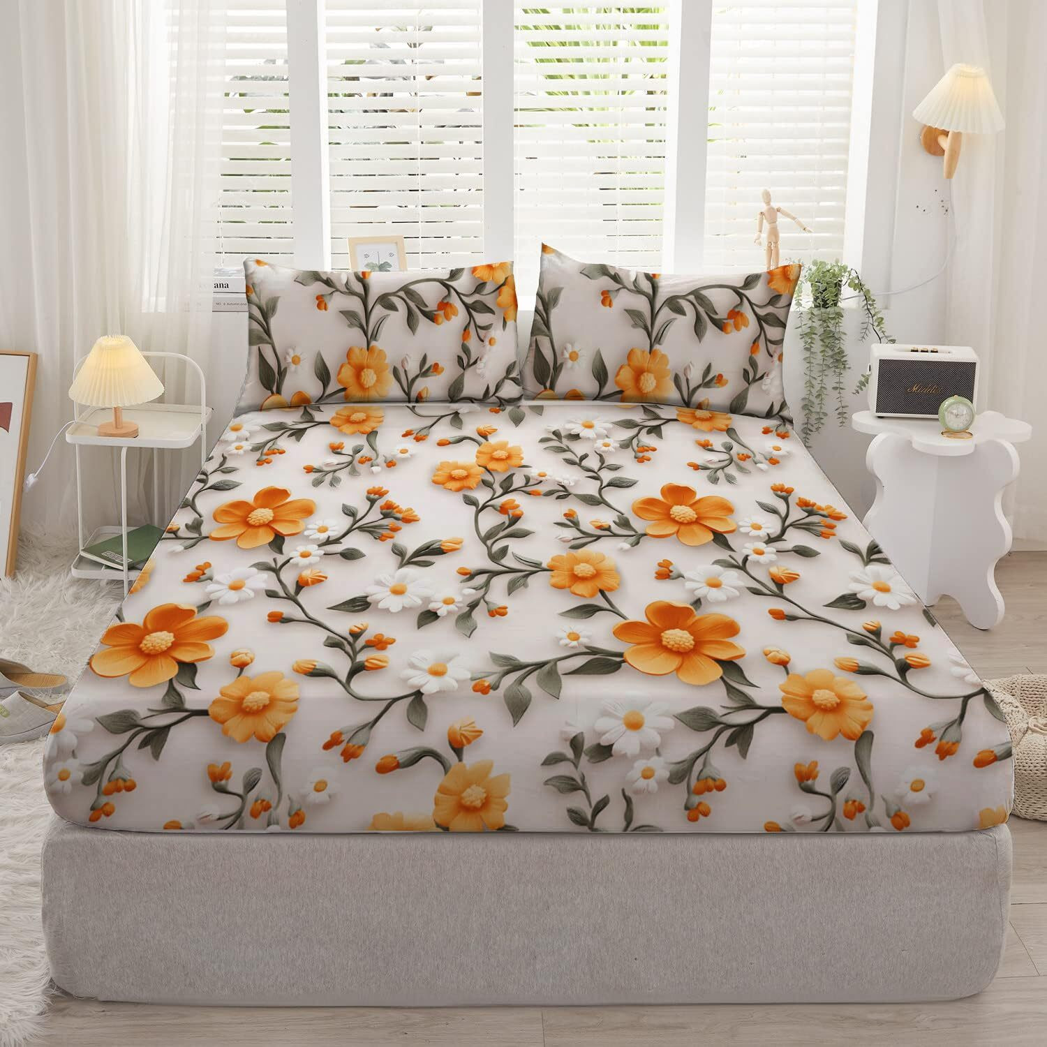 Image of AMBERBLISH HOMES Microfiber King Flat 250 TC Printed 1 Bedsheet with 2 Pillow Covers
