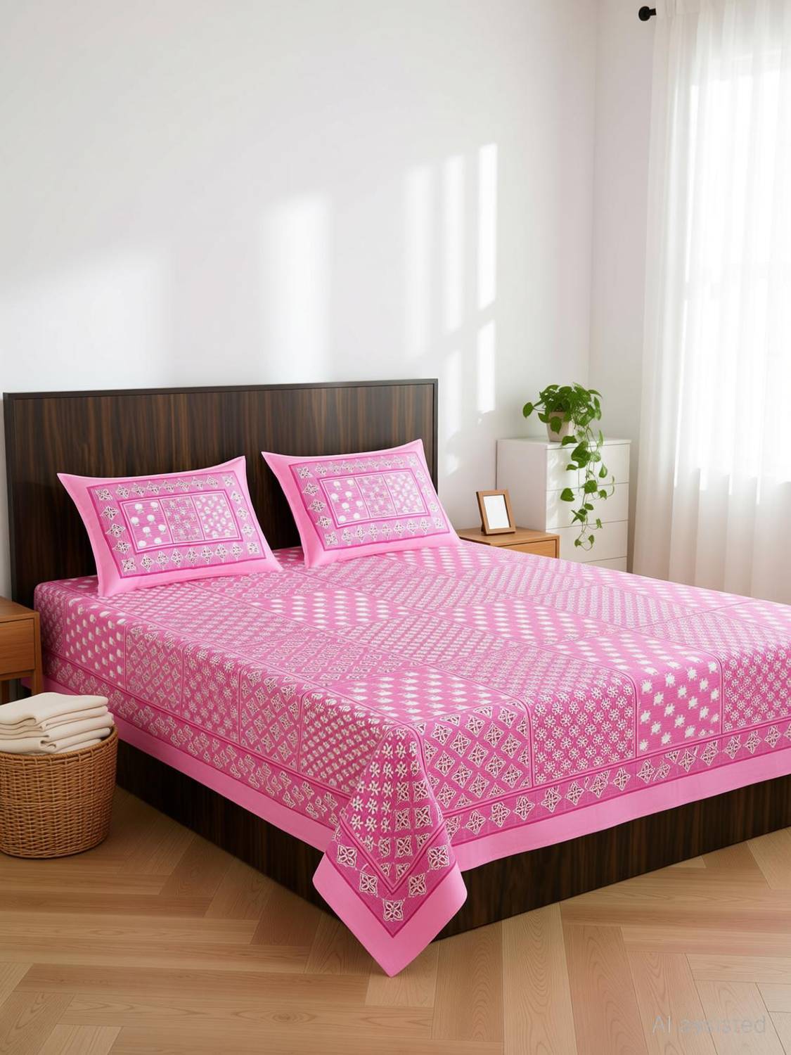 Pink City Cotton King Flat 144 TC Jaipuri Prints 1 Bedsheet with 2 Pillow Covers