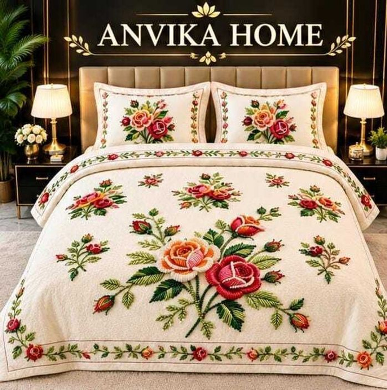 Image of ANVIKA Cotton Blend Double Flat 400 TC Embroidered 1 AC Bedsheet with 2 Pillow Covers (Multicolor)