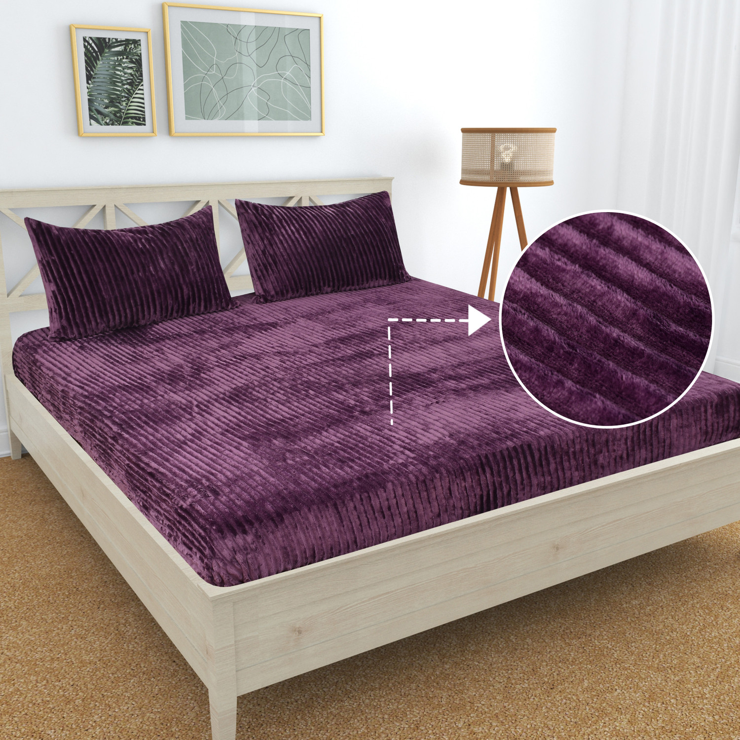 Image of CLOVIS KRAFTS Woolen King Fitted (Elastic) 240 TC Striped 1 Bedsheet with 2 Pillow Covers