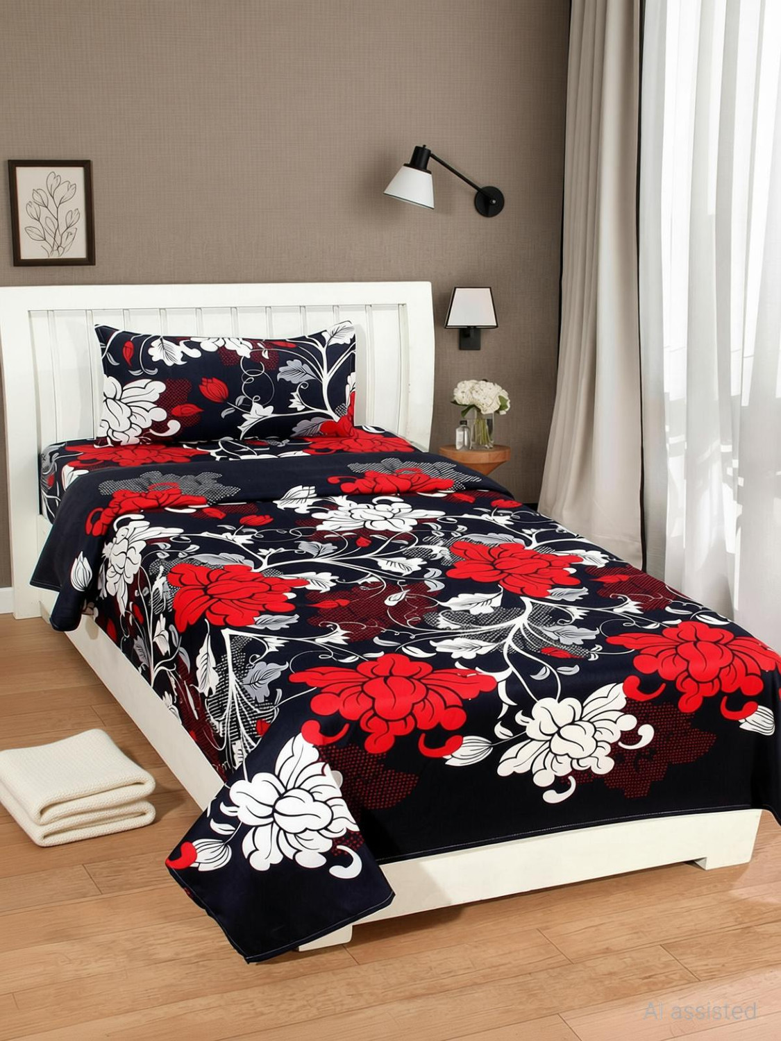 Image of Lakshika decor homes Microfiber Single Fitted & Flat 144 TC Printed 1 Bedsheet with 2 Pillow Covers